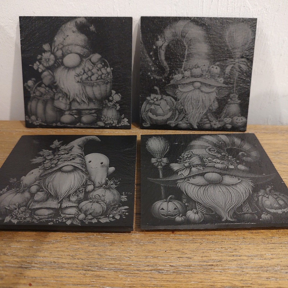 Laser Engraved Slate Coasters Halloween Fall Gnome Holiday Theme Set Of 4